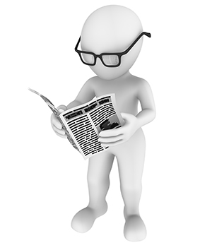 a 3d white character with black gasses reading a newspaper.