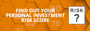 Orange background with white overlay text stating “Find Out Your Personal Risk Score”.  A box stating “Risk” on top of a question mark also appears.