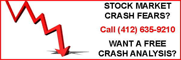 rectangle banner image with a red arrow pointing downward stating “stock market crash fears?” “want a free crash analysis?”.  phone number also included.